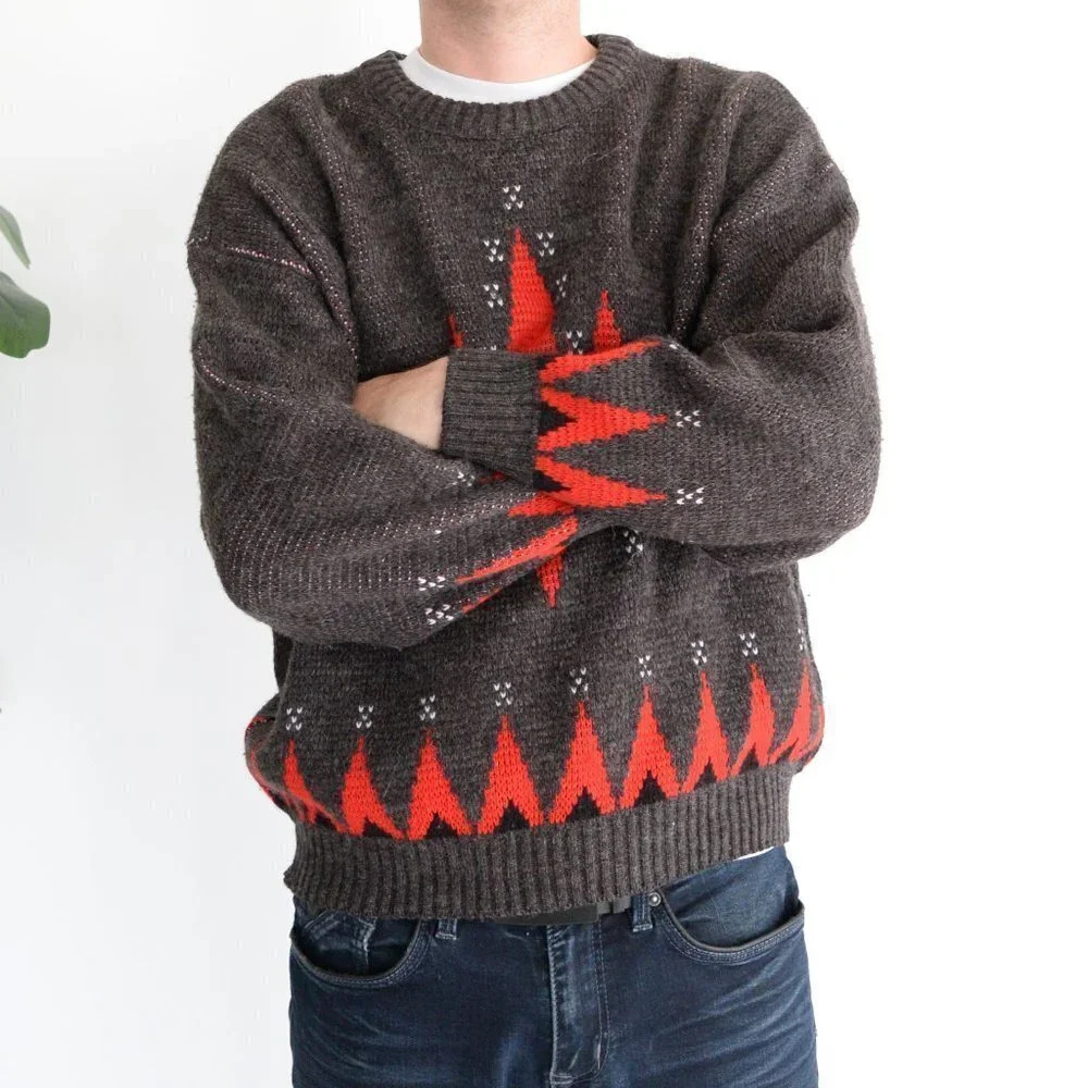 Vintage Pause Brown Red Wool Knit Grandpa Crew Neck Men's Large Unisex - Picture 1 of 13